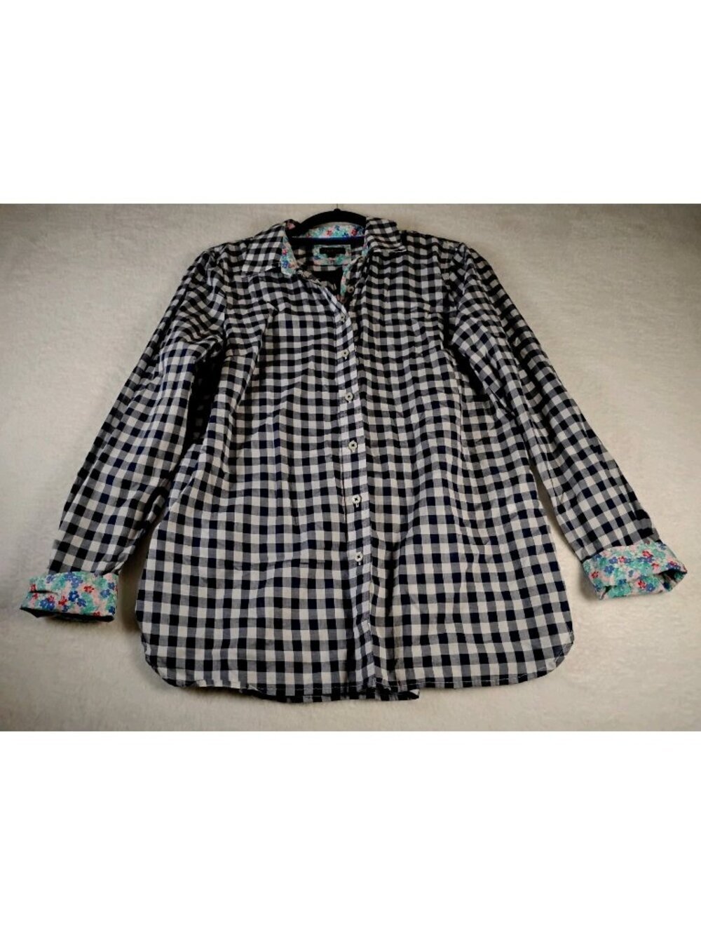 Talbots Gingham Blouse Casual School Semi Sheer Floral Accent Size M Blue White